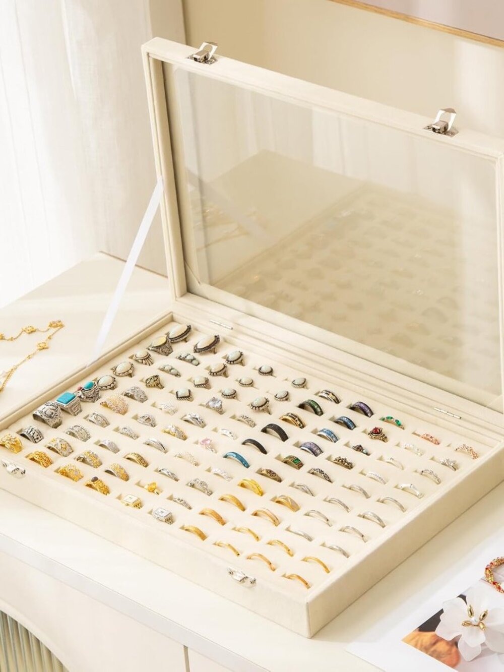 Elegant Velvet 100-Slot Ring & Earring Organizer Tray with Clear Lid - Beige - Picture 7 of 7